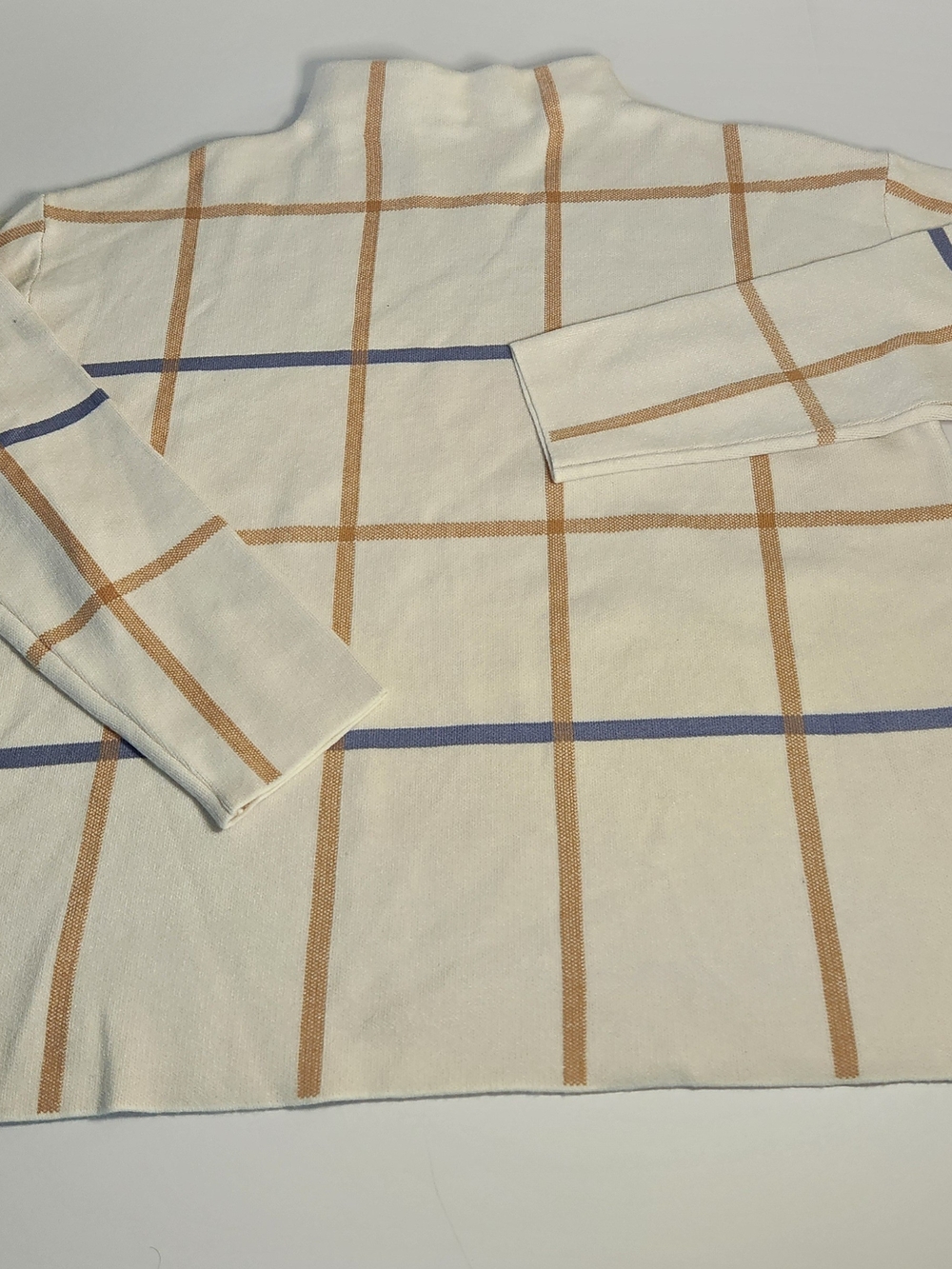 Tahari Mock Neck Cream, Tan, And Blue Window Pane Striped Sweater Size Xl